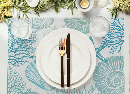 Nautical Coastal Blue Placemats Set of 4 Summer Teal Turquoise Beach Theme Linen Table Mats Ocean Coral Seashell Starfish Decorative Place Mats for Party Kitchen Dining Outdoor Indoor Decor
