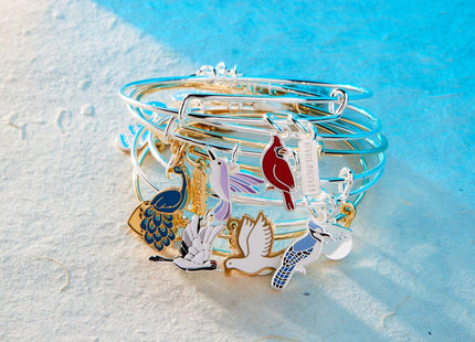 ALEX AND ANI 'Strength' Cardinal Duo Charm Bangle Bracelet - Red Cardinal Charm, Inspirational 'Strength' Accent, Nickel-Free, Cardinal Jewelry for Women (Shiny Silver)