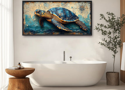 Large Nautical Turtle Wall Art for Living Room, Coastal Ocean Canvas Oversized Wall Decor, Beach Aesthetics Framed Pictures Painting Print Artwork for Bedroom Office 60L x 30W
