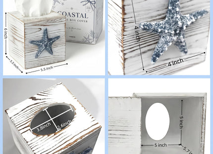 Ovimyne Coastal Tissue Box Cover Wooden Retro with Sliding Bottom Panel Beach Decor for Bathroom Bedroom Living Room,Starfish Decor Suitable for Coastal Gifts Beach House Gifts