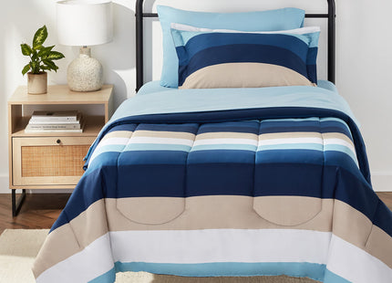 Amazon Basics 5-Piece Lightweight Microfiber Comforter Bedding Set with Sheet, Twin XL, Blue Stripe, Bed-in-a-Bag