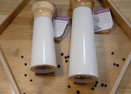 White Salt Grinder Wooden Pepper 8"+6" Salt Grinder Set Pepper Mill Salt & Pepper Shakers - Stainless Ceramic Refillable Stylish for Sea Salt Black Pepper -By Tessïe & Jessïe Lighthouse