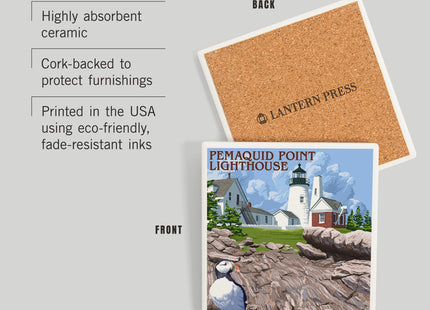 Lantern Press Maine, Pemaquid Lighthouse (Absorbent Ceramic Coaster, Single, Cork Back, Kitchen Table Decor)