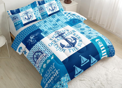 Nttopship Blue Ocean Grid Theme Comforter Set for Kids and Adults Anchor Sailboat Lighthouse Shell Quilt Set for Bedroom 100% Soft Microfiber Quilt Set with 1 Comforter and 2 Pillow Case