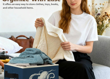 Ghoaoivo Navy Blue Octopus Beach Storage Box Bins, Coastal Ocean Octopus Animal Collapsible Storage Basket Organizer for Bedroom Laundry Room Home Clothes Books, Decor for Room