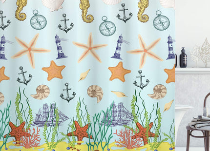 Ambesonne Seahorse Shower Curtain Sea Creatures Lighthouse Nautical Anchor Sail Boats Ocean the Coastal Seaside Seashore Marine Home Underwater Decor Bathroom Yellow Khaki Green Baby Blue 69" W/70 L