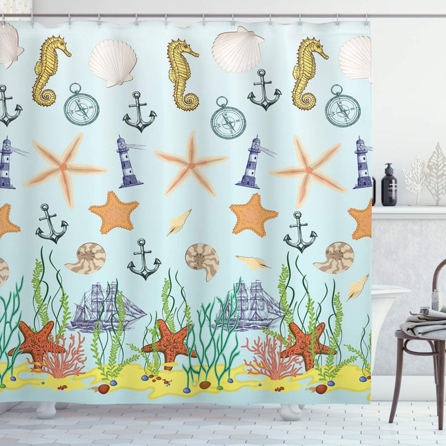 Ambesonne Seahorse Shower Curtain Sea Creatures Lighthouse Nautical Anchor Sail Boats Ocean the Coastal Seaside Seashore Marine Home Underwater Decor Bathroom Yellow Khaki Green Baby Blue 69" W/70 L