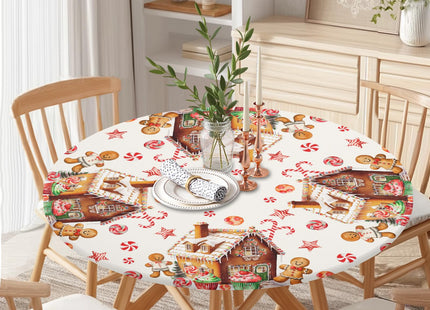 Christmas Round Fitted Tablecloth with Elastic for 36-40" Table Gingerbread