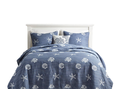 Harbor House Seaside Reversible Cotton Quilt Set Coastal Clam, Starfish, Coral Embroidery, All Season, Pre-Washed Coverlet Bedding Layer, Decorative Pillow, Full/Queen(90"x90") Navy 4 Piece