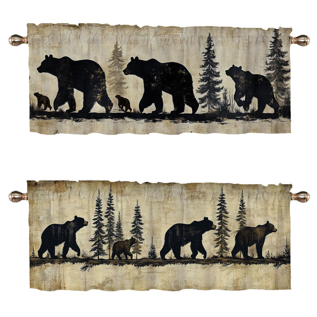 Black Bear Kitchen Curtains Set of 2 for Windows Trees Bears Forest Woodland Adventure Decorative Decoration Window Valances Curtains Drapes for Kitchen Bedroom Window Treatment Valances 54x18 inch