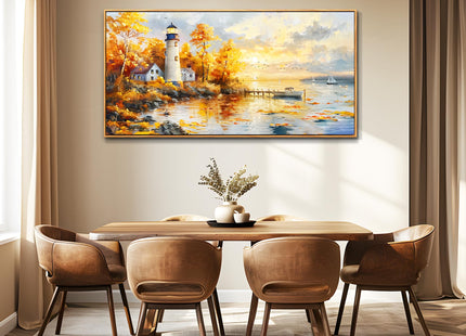 Lighthouse Wall Art,Seaside Birch Tree Landscape Framed Wall Decor 20"X40"