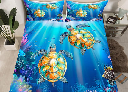 Sea Turtle Bed Sheet Set Twin Size,Swimming Fish Marine Life Fancy Blue Undersea World,Bedding Decor Set with 1 Flat & 1 Fitted Sheet with 1 Pillow Sham