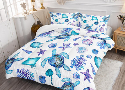 XYNHML Blue Sea Turtle Comforter 3Pcs Ocean Bedding Set Full Coral Starfish Shell Fish Bedding Set for Kid Teen Girl Boy Adult Bed Decor Conch Manta Ray Quilt with 1 Comforter and 2 Pillowcases