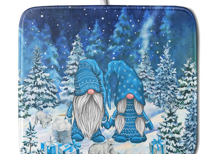 Winter Blue Gnome Dish Drying Mat for Kitchen Counter Pine Tree Microfiber Dish Pad Absorbent Reversible Fast Dry Draining Mats 16x18 Inch