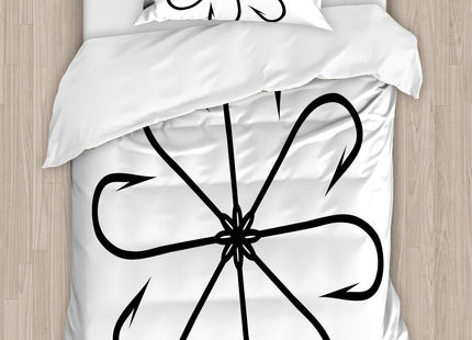 Ambesonne Fishing Duvet Cover Set, Flower Shaped Artisan Steel Multi Hook Gaff in Row New Needle Device Print, Decorative 2 Piece Bedding Set with 1 Pillow Sham, Twin Size, White Soft Black