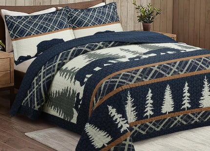 MarCielo 3-Piece Rustic Cabin Lodge Bear Quilt Set - Country-Themed Bedspread with Matching Pillow Shams