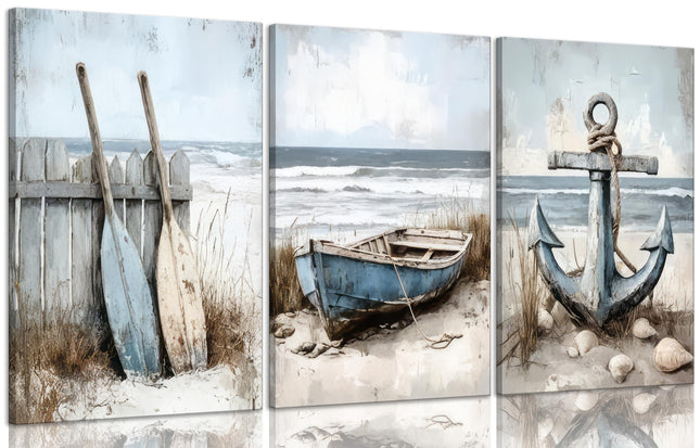 3Pcs Coastal Beach Canvas Wall Art Sailboat Paddle And Anchor Paintings Pictures Wall Decor Nautical Posters Prints Artwork Suitable for Living Room Bedroom Home Office Corridor Home Decroation