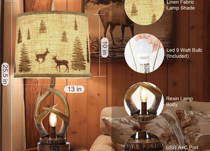 Scenekoy Rustic Farmhouse Antlers Table Lamp Set of 2 with Night Light