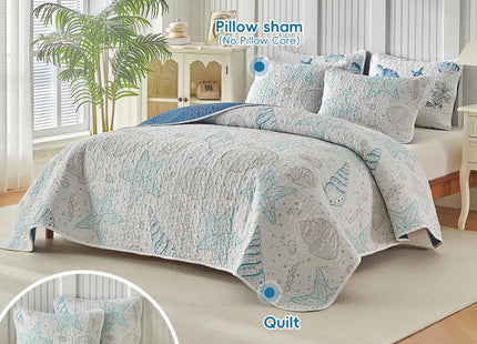 Coastal Quilt Sets Queen Size - Reversible Microfiber Ocean Style with Starfish Scallop Shell Soft Beach Bedding Nautical Bedspread Coverlet Summer Comforter with 2 Shams