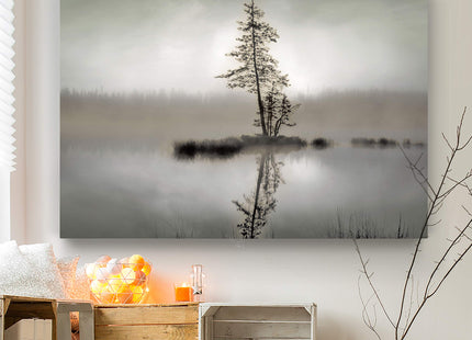Renditions Gallery Canvas Wall Art for Home Decor Pine Tree Reflection in Misty Forest Lake Modern Nature for Bedroom Living Room Kitchen - 32"X48" LT08