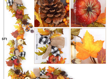 Adeeing 6 Ft Thanksgiving Fall Garland Decor, Artificial Autumn Garlands with Pumpkins, Maple Leaves, Ribbon and Pine Cone for Indoor Outdoor Fireplace Window Home Decoration