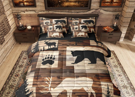Erosebridal Rustic Cabin Patchwork Twin Bedding Set 7-Piece for Home, Hunting Camping Animal Comforter Set with Sheets, Bear Deer Forest Wildlife Bed in A Bag, Farmhouse Country Lodge Bed Sets