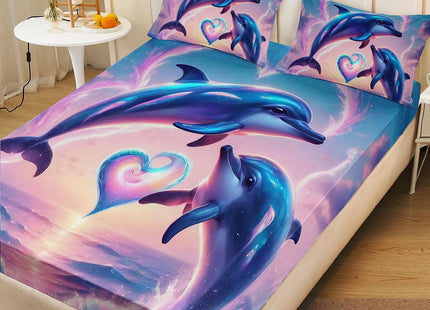 AILONEN Kids Jumping Dolphin Fitted Sheet Set,Love Dolphin Bedding Set for Girls Bedroom Decor Twin Size,Ocean Waves Bedsheets Set,Soft Microfiber,3-Piece,1 Sheet Set and 2 Pillowcases