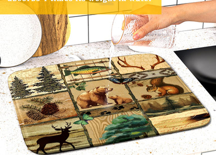 Rustic Cabin Dish Drying Mat - Forest Bear Moose Wildlife Drainer Mat 16x18 Wild Animal Dishes Pad Pine Tree Dish Drainer Rack Retro Butterflies Fish Mats for Counter