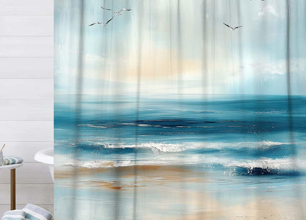 BSRAMZ Abstract Beach Shower Curtains for Bathroom, Coastal Teal Oil Painting Ocean Shower Curtain, Sea Wave Seagull Nautical Coastal Summer Bathroom Bathtubs Decor Curtains with Hooks,72X72