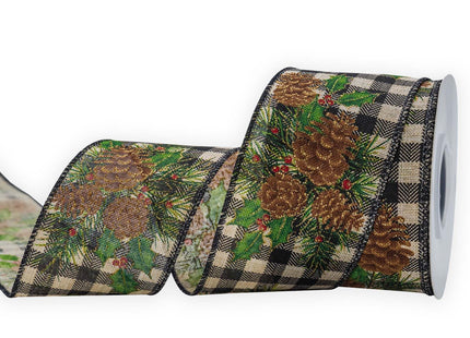 HATIANGE Pinecone Christmas Burlap Ribbon with Black White Plaid Wired Ribbon, 2-1/2 Inch x 11Yards, for Xmas Home Decor, Gift Wrapping, Bow Making, Wreath, DIY Crafts