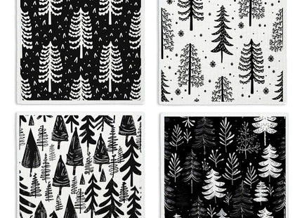 LARTSFRO Christmas Pine Tree Swedish Dishcloths for Kitchen, Swedish Dish Cloths for Pine Tree, Black and White Christmas Towels, 4 Pack for Papaya Reusable Paper Towels Washable, Sponge Cloths