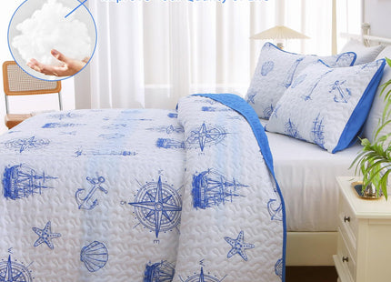 Coastal Nautical Quilt Set, King Size Beach Coverlet Blue Watchtower Sailboat Compass Bedspread, Ocean Beach Themed Bed Cover Microfiber Soft Lightweight bedding sets for All Seasons (106"×92")