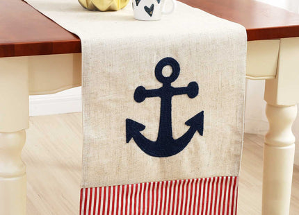 DECOPOW Embroidered Anchor Linen Table Runner ,14 Inches x 72 Inches (Red Stripe)