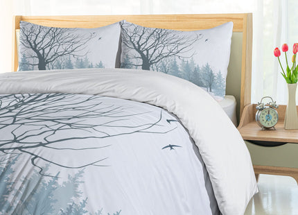Ambesonne Winter Duvet Cover Set, Winter Season Theme a Tree Without Leaves in The Snowy Forest and Flying Birds, Decorative 3 Piece Bedding Set with 2 Pillow Shams, Queen Size, Petrol Blue