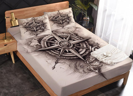 Compass Sheets Twin Sheet Set - Beige Nautical Bed Sheets, Soft Microfiber & Deep Pocket & Wrinkle Free Patterned Bedding Sheets & Pillowcases, 3 Piece ( 1 Fitted Sheet, 1 Flat Sheet, 1 Pillow Case )