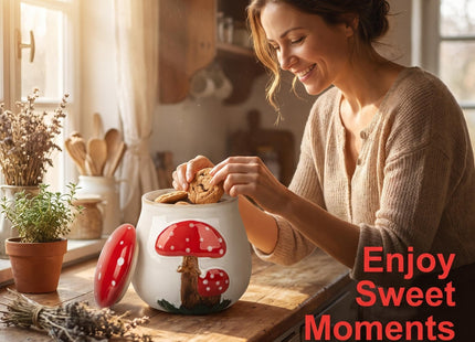 Ceramic Airtight Cookie Jar with Lid Mushroom Candy Canister Relief Design
