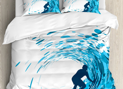 Ambesonne Ride The Wave Duvet Cover Set, Silhouette of a Surfer Under Giant Ocean Waves Athlete Hobby Lifestyle Image, Decorative 3 Piece Bedding Set with 2 Pillow Shams, King Size, Night Blue