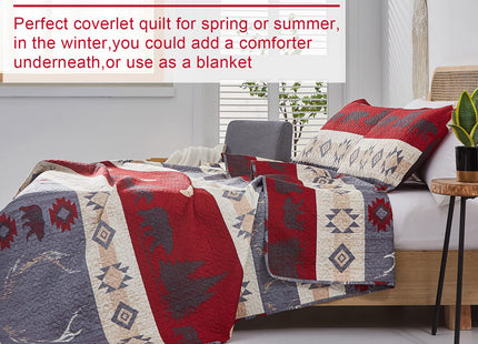 Ycosy Lodge Bear Quilt Set Full/Queen Size Cabin Rustic Bedspread Coverlets Reversible Quilts Lightweight Lodge Bedding Set Bear Sunset Printed Bed Covers,1 Quilt + 2 Pillow Shams