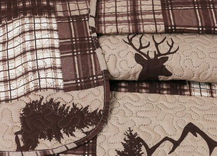 Marina Decoration Rich Printed Embossed Pinsonic Coverlet Bedspread Ultra Soft 2 Piece Summer Quilt Set with 1 Quilted Sham, Brown Cabin Maple Deer Plaid Pattern Twin/Single Size