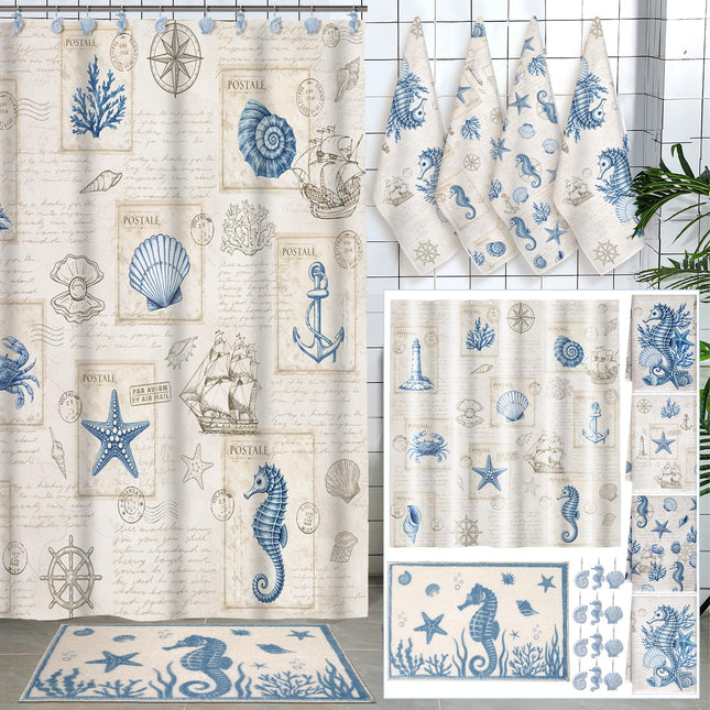 Fourluoo 18 Pcs Nautical Coastal Shower Curtain Set Vintage Ocean Beach Seashell Seahorse Lighthouse Bathroom Decor with 12 Hooks 4 Sea Animal Bathroom Towels Non Slip Absorbent Microfiber Rug for