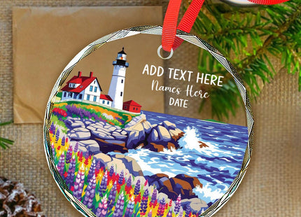 Personalized Text & Name Maine Lighthouse Glass Ornament 2026, Maine Scenic Lighthouse Ornament Gifts for Travel Lover, Custom ME Landscape Glass Ornaments Christmas, Travel Souvenir Xmas Decoration