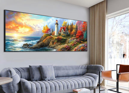 Wergund 5D DIY Large Diamond Art Kits for Adults Sunset, Large Size Diamond Art Lighthouse, Full Drill Crystal Rhinestone Embroidery Cross Stitch Arts Craft Canvas Home Wall Decor Gift 12x30Inch
