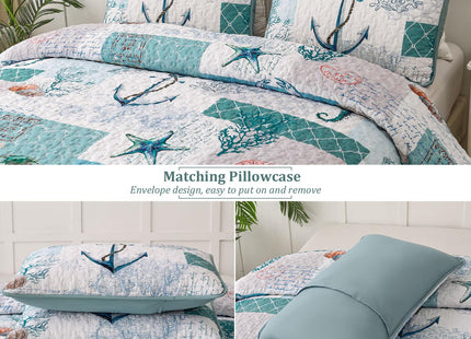 Beach Quilt Set Queen Size,3 Piece Coastal Ocean Summer Bedspread Coverlet Set with 2 Pillow Cases Lightweight Soft Microfiber Nautical Bedding Set Thin Quilted Blanket for All Seasons (96"x90")