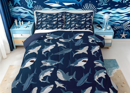 Boys Shark Bedding Set Ocean Sealife Comforter Set for Kids Youth Teens,Under Sea Marine Life Duvet Insert,Underwater World Creature Bed Quilt,Nautical Sea Animal Bedroom Decor Full Size Navy Blue