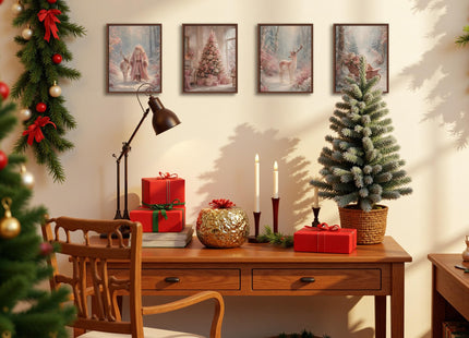DOFQZ Pink Christmas Tree Santa Deer Wall Art Prints 8x10 Set of 4