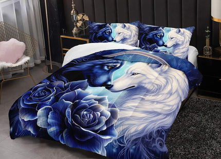 OUIXOTIC Wolf Print Comforter Set Queen Size,White and Dark Blue Wolf in Flowers Duvet Set, Forest Animals Printed Quilte Set for Girls Boys Adult,with 1 Comforter and 2 Pillow Case