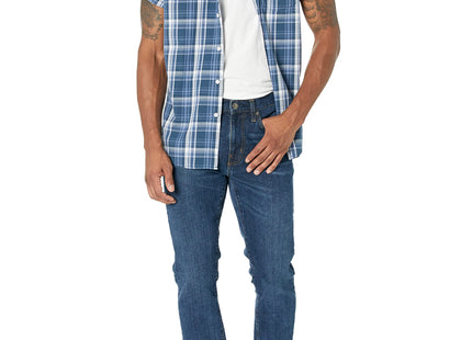 Amazon Essentials Men's Regular-Fit Short-Sleeve Plaid Casual Poplin Shirt, Navy Medium, Large