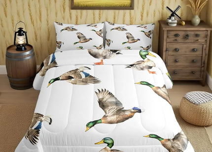 Feelyou Mallard Duck Bedding Set Hunting and Fishing Comforter Set Wild Animal Comforter for Boys Girls Kids Wildlife White Duvet Set Twin Size with 1 Pillow Case