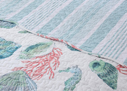 ABREEZE Coastal Beach Theme Bedding Queen Size Quilt Set Coverlet Cotton Reversible Starfish Seashell Conch Bedspread Coverlet Seaweed Coral Bed Cover with 2 Pillow Shams