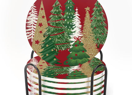 Nicegod Christmas Tree Drink Coasters Set of 6, Round Absorbent Ceramic Coaster, with Metal Holder and Cork Base, Pine Tree Xmas Red Coasters for Coffee Table Housewarming New Year's Gifts